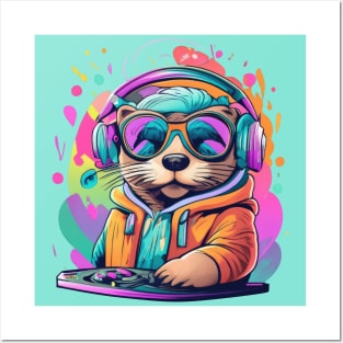 Otter DJ colourful 90s design Posters and Art